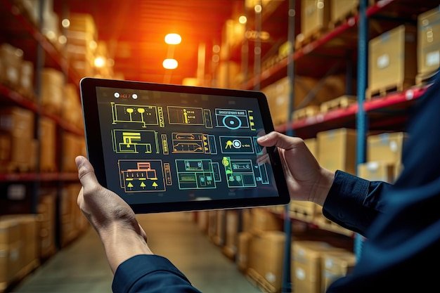 A manager using digital tablet showing warehouse software ...