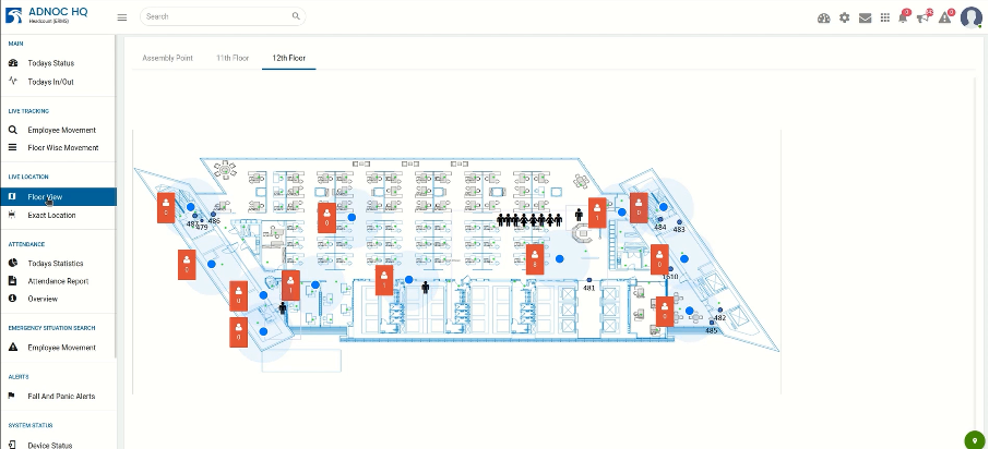 Our Headcount Monitoring System provides real-time tracking and attendance of 3,000 employees and 1,000 visitors across 76 floors, offering live movement visibility, emergency and fall alerts, evacuation drill status etc